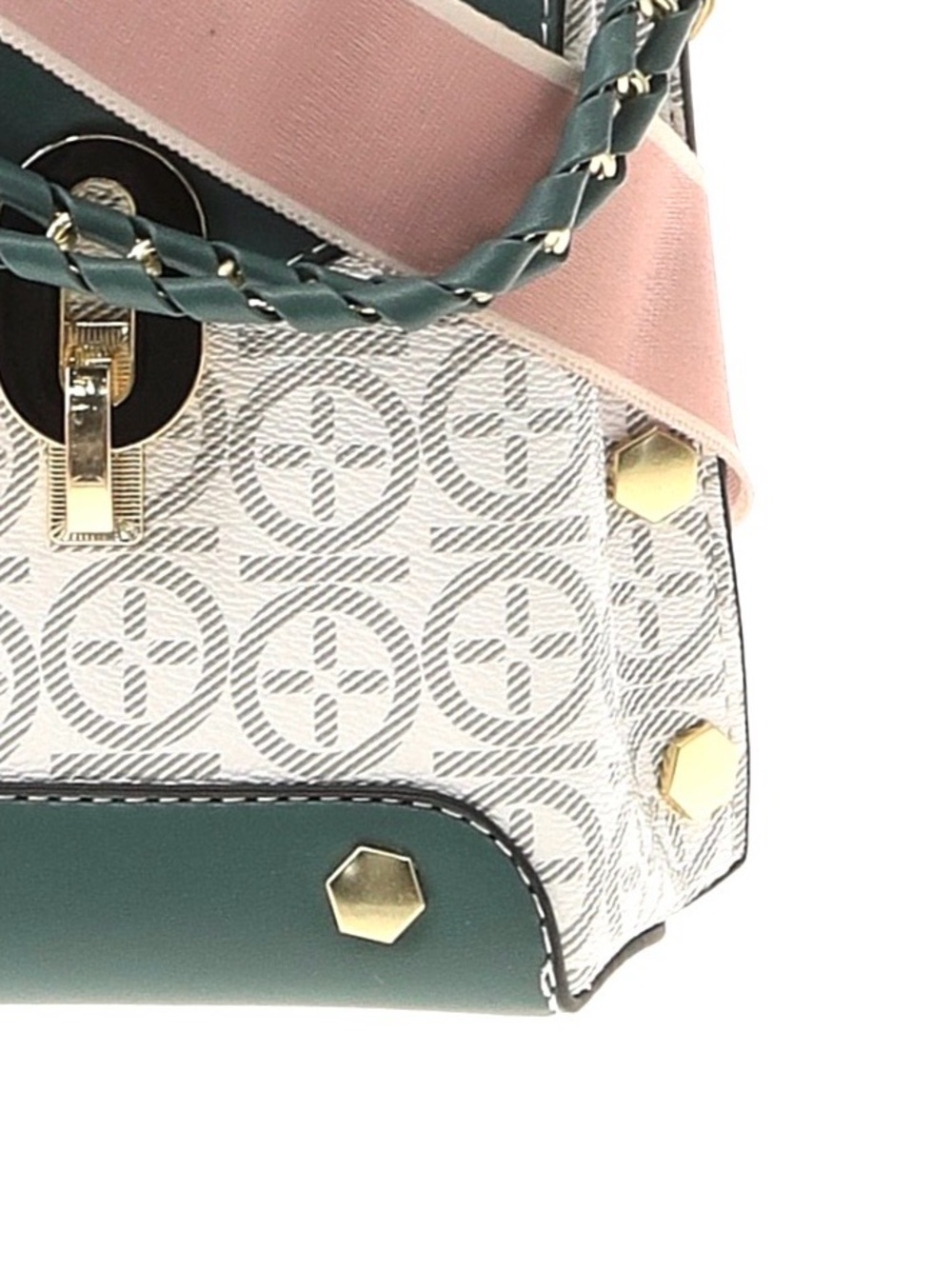 FASHION BAG ~ Green, Off White Pink Patterned Crossbody Bag w/Gold Chain Handle - Picture 12 of 14